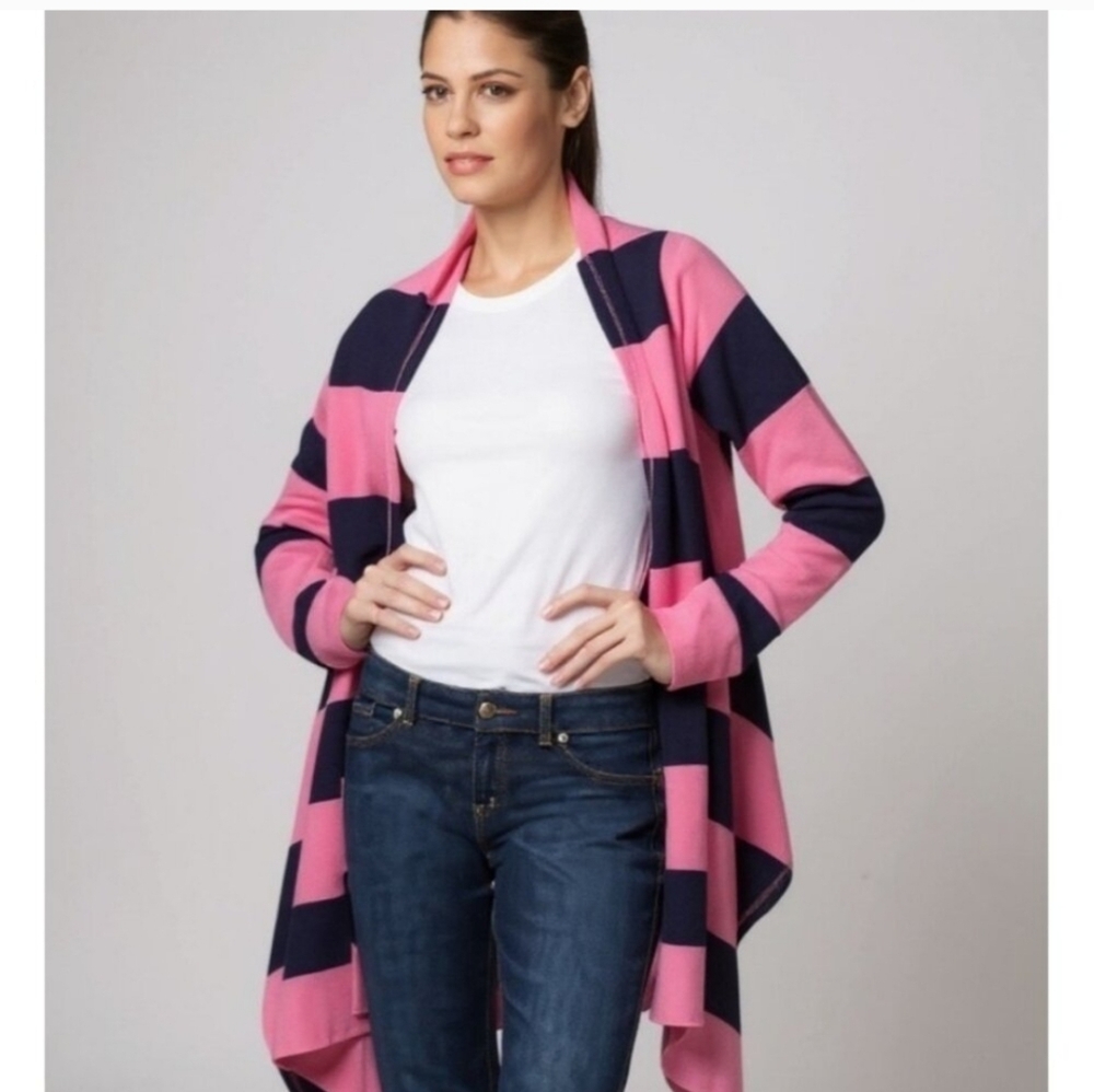 Lilly Pulitzer Women's Pink and Navy Terry Cloth Open Front Drape Cardigan Med